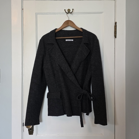Muriel Dombret Sweaters - Muriel Dombret 100% Wool Wrap Cardigan Sweater – Size 10 – Charcoal Grey
